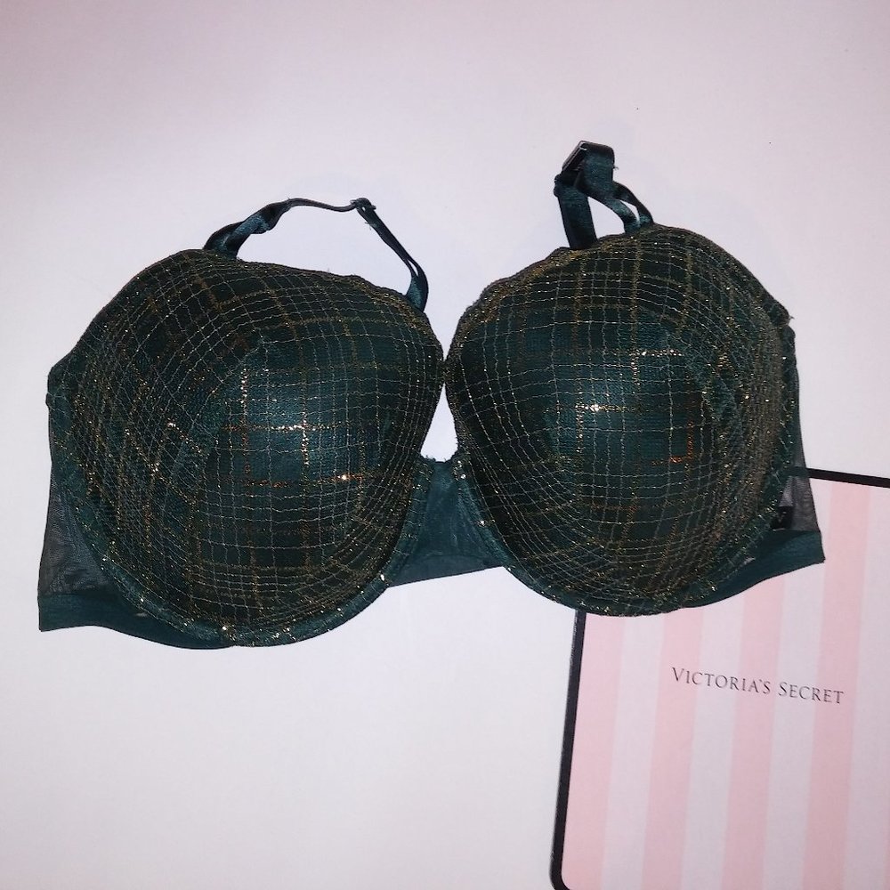 Victoria Secret Bra Set 40DD Lined Demi Green Gold Metallic Lace Underwire New W
